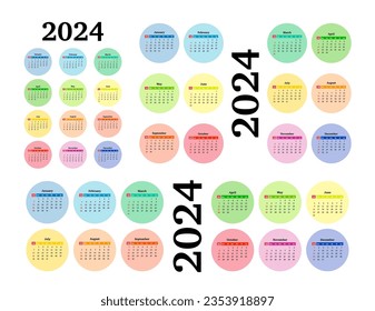 Set of three calendars for 2024 in different forms isolated on a white background. Sunday to Monday, business template. Vector illustration