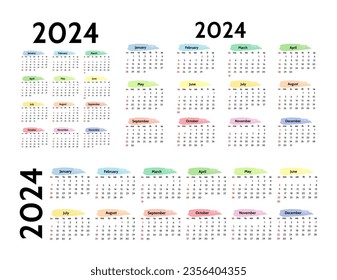 Set of three calendars for 2024 in different forms isolated on a white background. Sunday to Monday, business template. Vector illustration