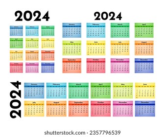 Set of three calendars for 2024 in different forms isolated on a white background. Sunday to Monday, business template. Vector illustration