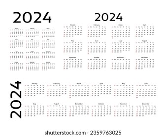 Set of three calendars for 2024 in different forms isolated on a white background. Sunday to Monday, business template. Vector illustration