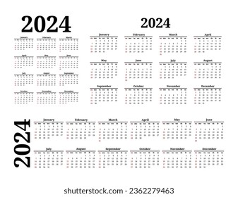 Conjunto de tres calendarios para 2024 en diferentes formas aislados en un fondo blanco. De domingo a lunes, plantilla de negocios. Ilustración del vector