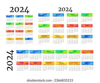 Set of three calendars for 2024 in different forms isolated on a white background. Sunday to Monday, business template. Vector illustration