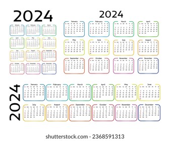Set von drei Kalendern für 2024 in verschiedenen Formen einzeln auf weißem Hintergrund. Von Sonntag bis Montag, Geschäftsvorlage. Vektorgrafik