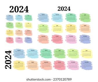 Set of three calendars for 2024 in different forms isolated on a white background. Sunday to Monday, business template. Vector illustration
