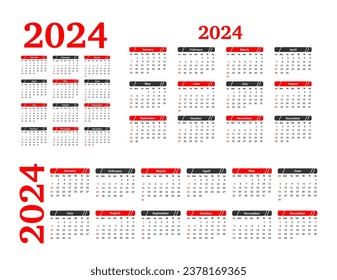 Set of three calendars for 2024 in different forms isolated on a white background. Sunday to Monday, business template. Vector illustration
