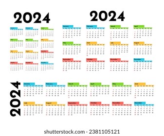 Set of three calendars for 2024 in different forms isolated on a white background. Sunday to Monday, business template. Vector illustration