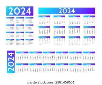 Set of three calendars for 2024 in different forms isolated on a white background. Sunday to Monday, business template. Vector illustration