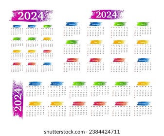 Set von drei Kalendern für 2024 in verschiedenen Formen einzeln auf weißem Hintergrund. Von Sonntag bis Montag, Geschäftsvorlage. Vektorgrafik
