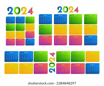 Set of three calendars for 2024 in different forms isolated on a white background. Sunday to Monday, business template. Vector illustration