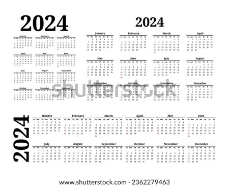 Set of three calendars for 2024 in different forms isolated on a white background. Sunday to Monday, business template. Vector illustration