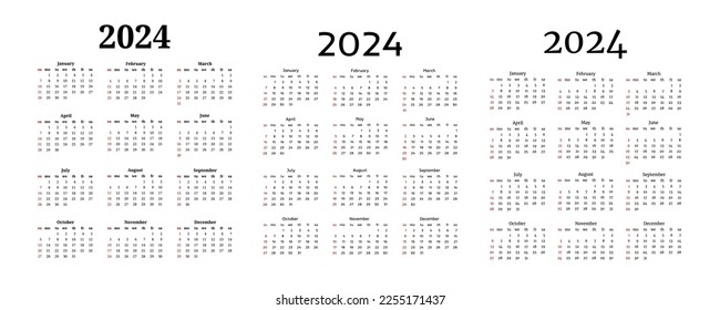 Set of three calendars for 2024 isolated on a white background. Sunday to Monday, business template. Vector illustration