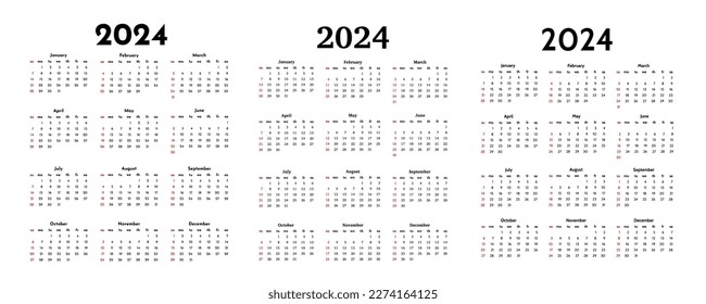 Set of three calendars for 2024 isolated on a white background. Sunday to Monday, business template. Vector illustration