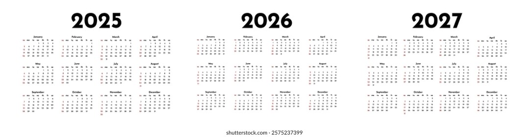 Set of three calendars for 2025, 2026 and 2027 isolated on a white background. Sunday to Monday, business template. Vector illustration