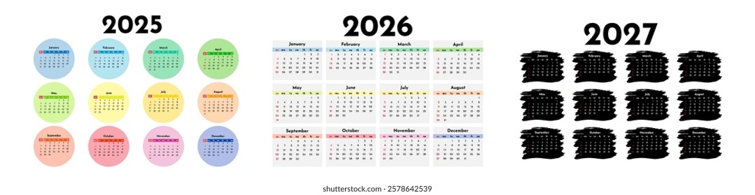 Set of three calendars for 2025, 2026 and 2027 isolated on a white background. Sunday to Monday, business template. Vector illustration