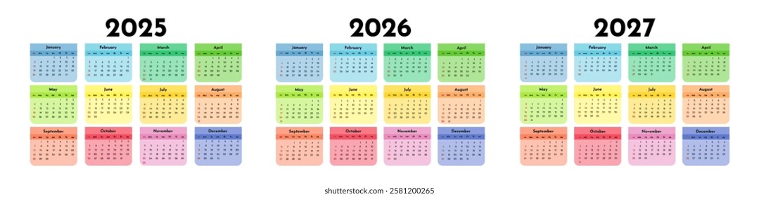 Set of three calendars for 2025, 2026 and 2027 isolated on a white background. Sunday to Monday, business template. Vector illustration