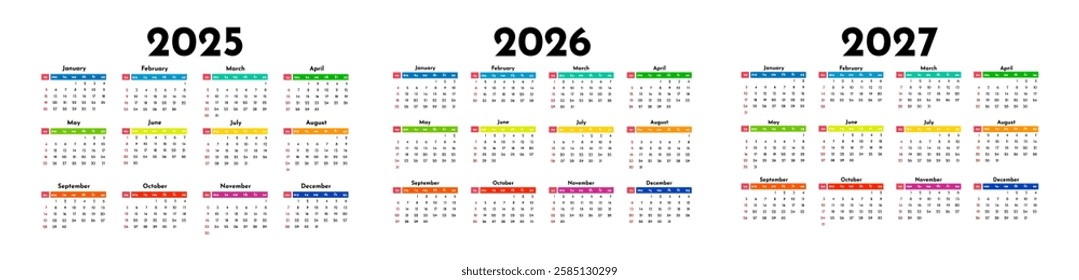 Set of three calendars for 2025, 2026 and 2027 isolated on a white background. Sunday to Monday, business template. Vector illustration