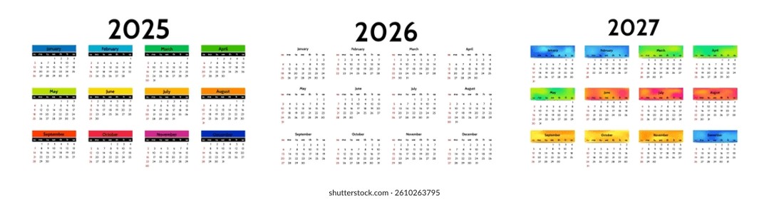 Set of three calendars for 2025, 2026 and 2027 isolated on a white background. Sunday to Monday, business template. Vector illustration