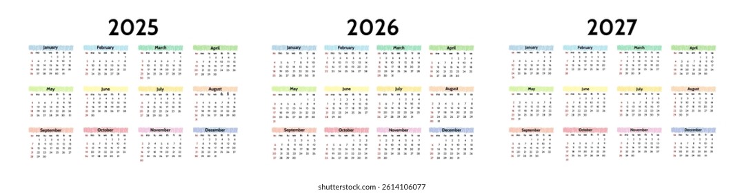 Set of three calendars for 2025, 2026 and 2027 isolated on a white background. Sunday to Monday, business template. Vector illustration