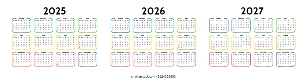 Set of three calendars for 2025, 2026 and 2027 isolated on a white background. Sunday to Monday, business template. Vector illustration