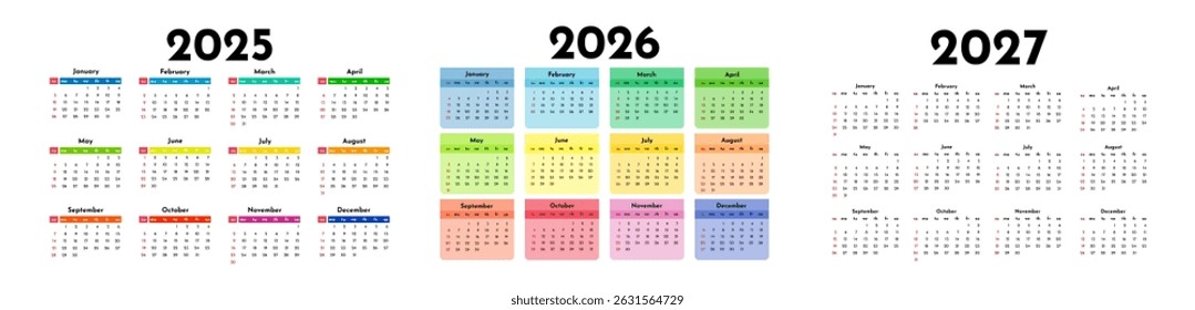 Conjunto de três calendários para 2025, 2026 e 2027 isolados sobre um fundo branco. De domingo a segunda-feira, modelo de negócios. Ilustração vetorial