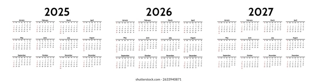 Conjunto de tres calendarios para 2025, 2026 y 2027 aislados sobre un fondo blanco. De domingo a lunes, Plantilla de negocios. Ilustración vectorial