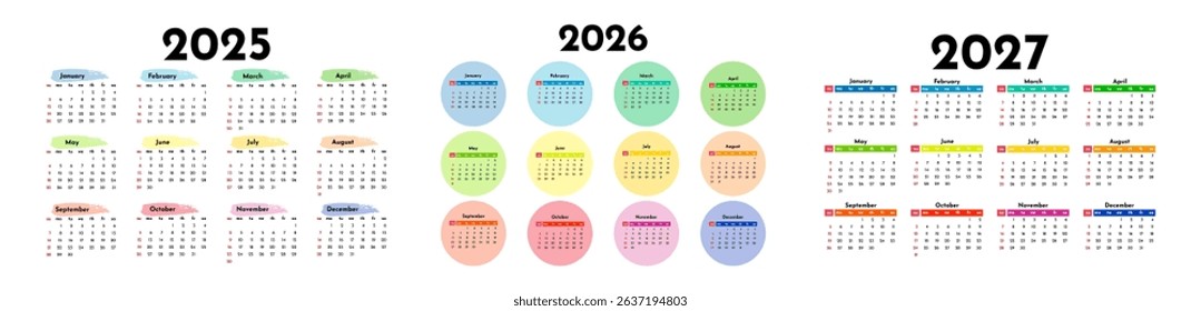 Set of three calendars for 2025, 2026 and 2027 isolated on a white background. Sunday to Monday, business template. Vector illustration