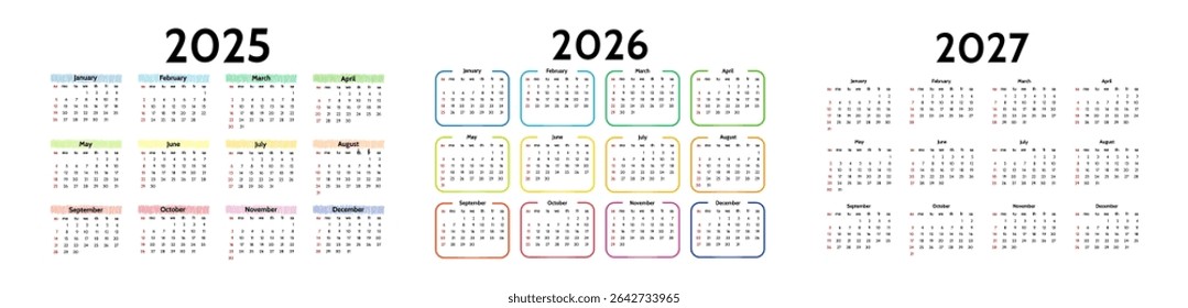 Conjunto de três calendários para 2025, 2026 e 2027 isolados sobre um fundo branco. De domingo a segunda-feira, modelo de negócios. Ilustração vetorial