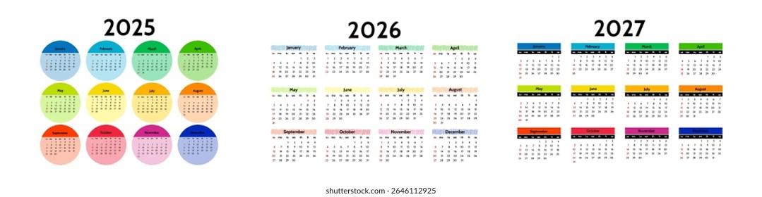 Conjunto de três calendários para 2025, 2026 e 2027 isolados sobre um fundo branco. De domingo a segunda-feira, modelo de negócios. Ilustração vetorial