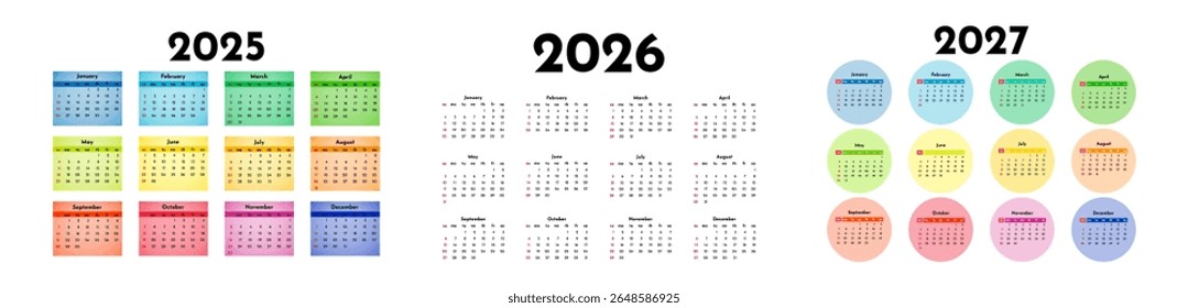 Conjunto de três calendários para 2025, 2026 e 2027 isolados sobre um fundo branco. De domingo a segunda-feira, modelo de negócios. Ilustração vetorial