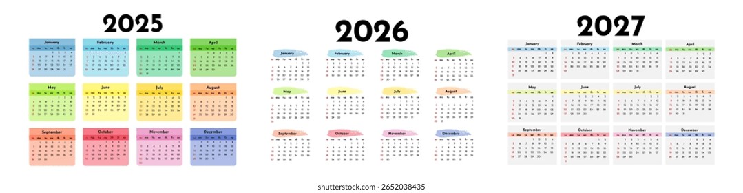 Conjunto de três calendários para 2025, 2026 e 2027 isolados sobre um fundo branco. De domingo a segunda-feira, modelo de negócios. Ilustração vetorial