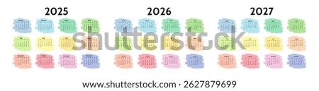Set of three calendars for 2025, 2026 and 2027 isolated on a white background. Sunday to Monday, business template. Vector illustration