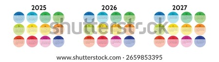 Set of three calendars for 2025, 2026 and 2027 isolated on a white background. Sunday to Monday, business template. Vector illustration