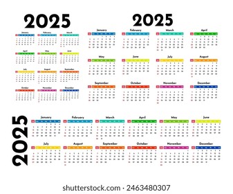 Set of three calendars for 2025 in different forms isolated on a white background. Sunday to Monday, business template. Vector illustration