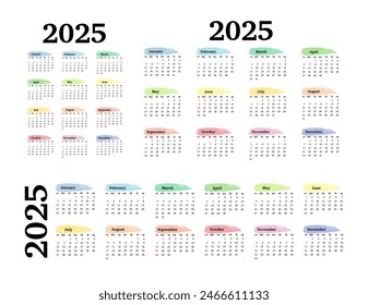 Set of three calendars for 2025 in different forms isolated on a white background. Sunday to Monday, business template. Vector illustration