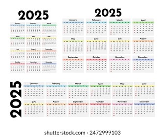 Set of three calendars for 2025 in different forms isolated on a white background. Sunday to Monday, business template. Vector illustration