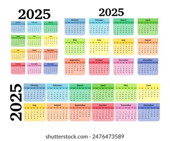 Conjunto de tres calendarios para 2025 en diferentes formas aisladas sobre un fondo blanco. De domingo a lunes, Plantilla de negocios. Ilustración vectorial