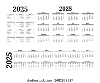 Set of three calendars for 2025 in different forms isolated on a white background. Sunday to Monday, business template. Vector illustration