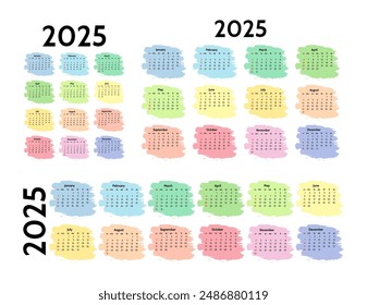 Set of three calendars for 2025 in different forms isolated on a white background. Sunday to Monday, business template. Vector illustration