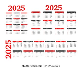 Set of three calendars for 2025 in different forms isolated on a white background. Sunday to Monday, business template. Vector illustration