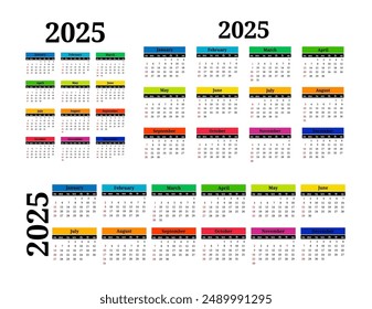 Set of three calendars for 2025 in different forms isolated on a white background. Sunday to Monday, business template. Vector illustration