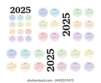 Set of three calendars for 2025 in different forms isolated on a white background. Sunday to Monday, business template. Vector illustration