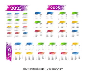 Set of three calendars for 2025 in different forms isolated on a white background. Sunday to Monday, business template. Vector illustration