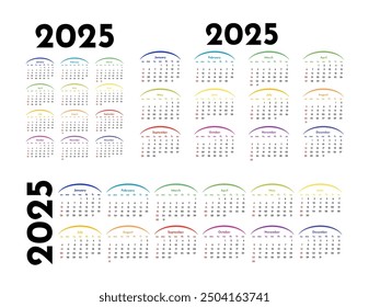 Conjunto de tres calendarios para 2025 en diferentes formas aisladas sobre un fondo blanco. De domingo a lunes, Plantilla de negocios. Ilustración vectorial