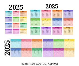 Set of three calendars for 2025 in different forms isolated on a white background. Sunday to Monday, business template. Vector illustration