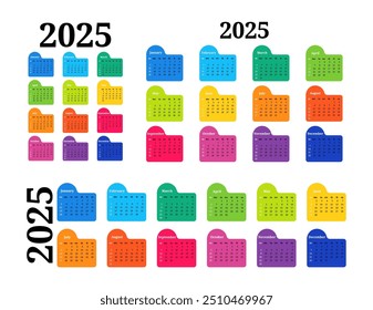 Conjunto de três calendários para 2025 em diferentes formas isoladas em um fundo branco. De domingo a segunda-feira, modelo de negócios. Ilustração vetorial