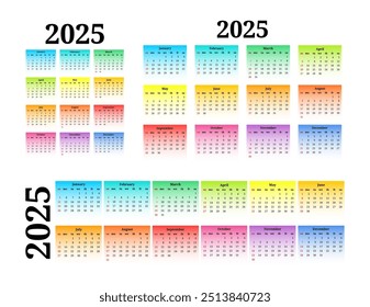 Conjunto de três calendários para 2025 em diferentes formas isoladas em um fundo branco. De domingo a segunda-feira, modelo de negócios. Ilustração vetorial