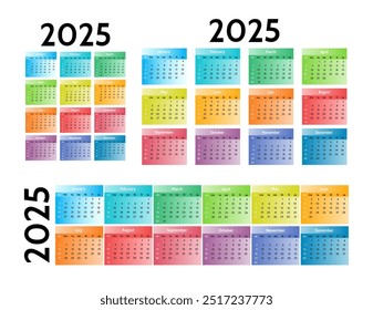 Conjunto de três calendários para 2025 em diferentes formas isoladas em um fundo branco. De domingo a segunda-feira, modelo de negócios. Ilustração vetorial