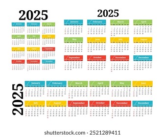 Conjunto de três calendários para 2025 em diferentes formas isoladas em um fundo branco. De domingo a segunda-feira, modelo de negócios. Ilustração vetorial