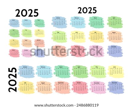 Set of three calendars for 2025 in different forms isolated on a white background. Sunday to Monday, business template. Vector illustration