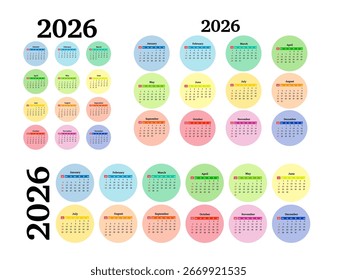 Conjunto de três calendários para 2026 em diferentes formas isoladas em um fundo branco. De domingo a segunda-feira, modelo de negócios. Ilustração vetorial